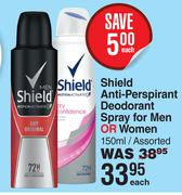 Shield Anti Perspirant Deodorant Spray For Men Or Women Assorted-150ml Each