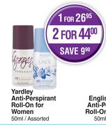 Yardley Anti Perspirant Roll On For Women Assorted-For 2 x 50ml