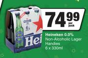 Heineken 0.0% Non Alcoholic Lager Handies-6 x 330ml Per Pack
