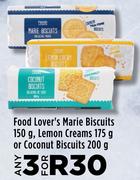Food Lover's Marie Biscuits 150g, Lemon Creams 175g Or Coconut Biscuits 200g-For 3