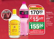 Gordon's London Dry Gin 750ml & Spar Tonic (Rose & Cucumber Or Indian) 1L-Per Combo