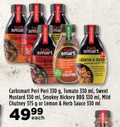Carbsmart Peri Peri 330g, Tomato 330ml, Sweet Mustard 330ml, Smokey Hickory BBQ 330ml-Each