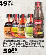 Carbsmart Mayonnaise 375g, 1000 Island Sauce 375g, Sticky Braai Sauce 500g, Sweet Chilli Sauce 375g 