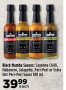 Black Mamba Sauces:Cayenne Chilli,Habanero,Jalapeno,Peri Peri Or Extra Hot Peri Peri Sauce-180ml Eac