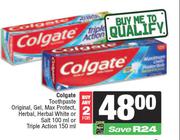 Colgate Toothpaste Original,Gel,Max Protect,HerbalWhite Or Salt 100ml Or Triple Action 150ml-For 2