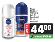 Nivea Men's Or Women's Roll On Deodorant Assorted-For 2 x 50ml