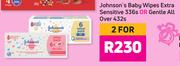 Johnson's Baby Wipes Extra Sensitive 336s Or Gentle All Over 432s-For 2