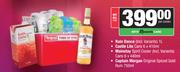 Rain Dance 1L+Castle Lite Cans 6x410ml+Mainstay Spirit Cooler Cans 6x440ml+Captain Morgan Rum 750ml