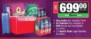 Skyy Vodka 750ml+Du Toitskloof 3L+KWV Brandy & Cola Handies 6x275ml+Devil's Peak Handies 2x6x330ml