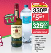 Jameson Triple Distilled Irish Whiskey 750ml & Spar Sparkling Or Still Water 1.5Ltr-Per Combo