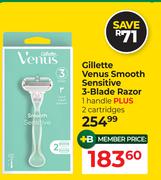 Gillette Venus Smooth Sensitive 3-Blade Razor 1 Handle Plus 2 Cartridges