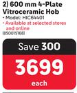 Beko 600mm 4-Plate Vitro-Ceramic Hob HIC64401