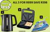 Kenwood 1.7L Plastic Kettle ZJP00.BK + Sandwich Maker SMM00.000SI + Steam Iron ZJP00.BK-For All 3