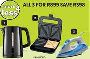 Kenwood 1.7L Plastic Kettle ZJP00.BK + Sandwich Maker SMM00.000SI + Steam Iron ZJP00.BK-For All 3