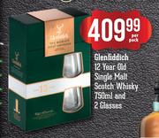 Glenfiddich 12 Year Old Single Malt Scotch Whisky-750ml & 2 Glasses-Per Pack