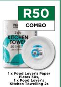 1 x Food Lover's Paper Plates 50s, 1 x Food Lover's Kitchen Towelling 2s-Combo