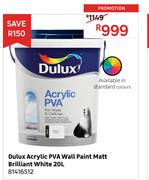 Dulux 20L Matt Brilliant White Acrylic PVA Wall Paint 81416512
