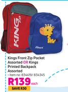 Kings Front Zip Pocket Assorted Or Kings Printed Backpack Assorted-Each