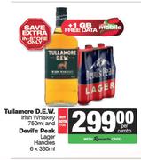 Tullamore D.E.W Irish Whiskey 750ml And Devil's Peak Lager Handies 6 x 330ml-Per Combo