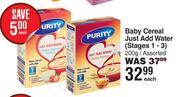 Purity Baby Cereal Just Add Water Stages 1-3 Assorted-200g Each