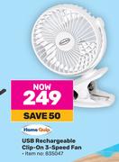 Home Quip USB Rechargeable Clip On 3 Speed Fan