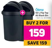 Otima 50L Flip Top All Black Bin-For 2
