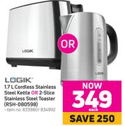  Logik 1.7L Cordless Stainless Steel Kettle Or 2 Slice Stainless Steel Toaster RSH-080598-Each