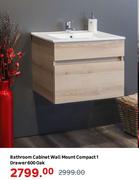 Bathroom Cabinet Wall Mount Compact 1 Drawer 600 Oak