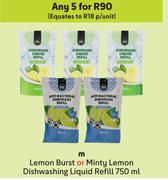 M Lemon Brust Or Minty Lemon Dishwashing Liquid Refill-For 5  x 750ml 