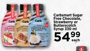 Carbsmart Sugar Free Chocolate, Strawberry Or Butterscotch Syrup-330ml Each