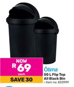 Otima 50Ltr Flip Top All Black Bin-Each