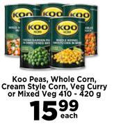 Koo Peas, Whole Corn, Cream Style Corn, Veg Curry Or Mixed Veg-410g-420g Each