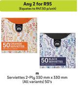 M Serviettes 2-Ply 330mm X 330mm (All Variants)-For Any 2 x 50's