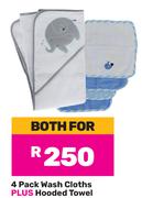 Snuggletime 4 Pack Wash Cloths Plus Hooded Towel-Both For