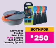 Tommee Tippee Easy Scoop Feeding Bowl & Lid Plus Easi Grip Self Feeding Waening Spoons-Both For 