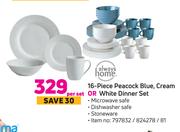 Always Home 16 Piece Peacock Blue, Cream Or White Dinner Set-Per Set