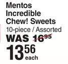 Mentos Incredible Chew Sweets 10 Piece Assorted-Each