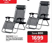 Terrace Leisure 2 Piece Gravity Lounger Set With 2 Drink Holders-Per Set