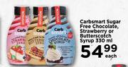 Carbsmart Sugar Free Chocolate Strawberry Or Butterscotch Syrup-330ml Each
