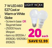 Light Worx 7W LED A60 E27 (Cool Or Warm Or White Globe)-Each