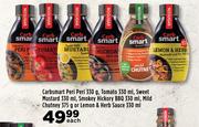 Carbsmart Peri Peri 330g, Tomato 330ml, Sweet Mustard 330ml, Smokey Hickory BBQ 330ml-Each