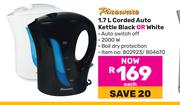Pineware 1.7L Corded Auto Kettle Black Or White-Each