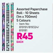 Assorted Paperchase Roll-10 Sheets(1m x 700mm) 5 Colours-Each