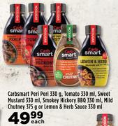 Carbsmart Peri Peri 330g, Tomato 330ml, Sweet Mustard 330ml, Smokey Hickory BBQ 330ml-Each