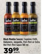 Black Mamba Sauces:Cayenne Chilli,Habanero,Jalapeno,Peri Peri Or Extra Hot Peri Peri Sauce-180ml 