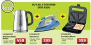 Kenwood Stainless Steel Kettle ZJM10 Or Steam Iron STP42.000.WB Or Sandwich Maker SMM00.000SI-For 3