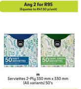 M Serviettes 2 Ply 330mm x 330mm-For 2 x 50's