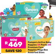 Pampers Active Baby Nappies Or Pants Or Premium Care Nappies Mega Box Assorted Sizes