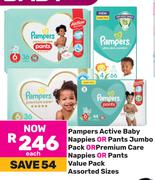 Pampers Active Baby Nappies Or Pants JP Or Premium Care Nappies Or Pants VP Assorted Sizes-Each
