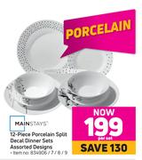 Mainstays 12 Piece Porcelain Split Decal Dinner Sets-Per Set